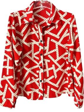 Abstract Monogram Print Blouse Red Button Up Shirt